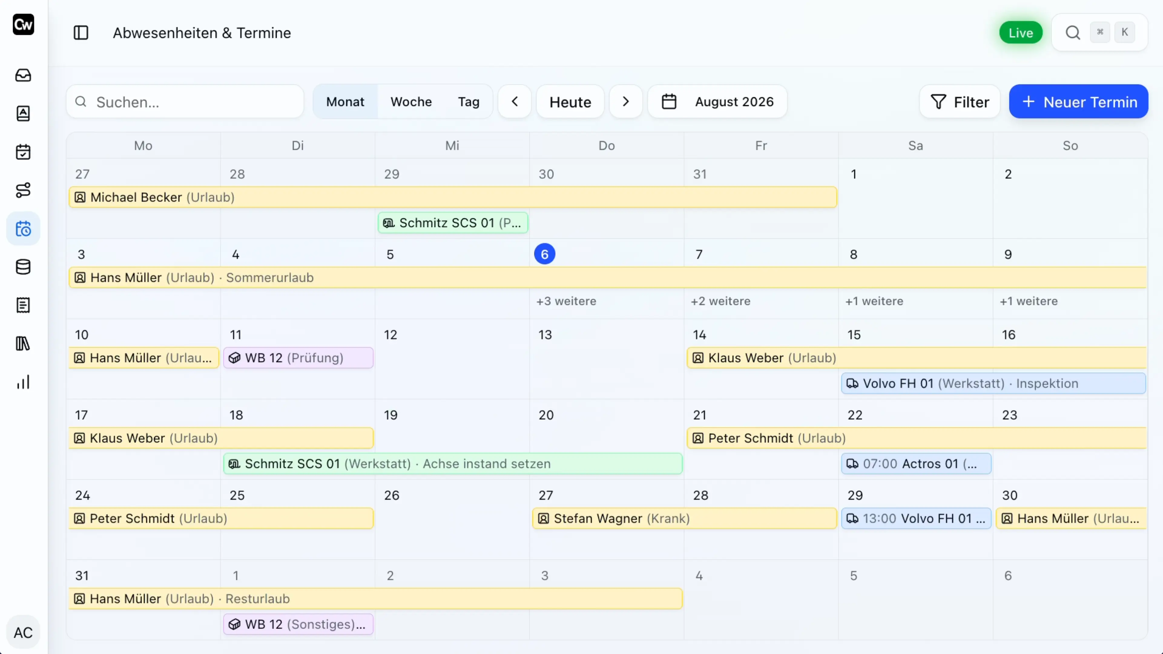 Calendario de CargoWiz para ausencias y citas – vacaciones, bajas, taller e inspecciones para conductores y equipos