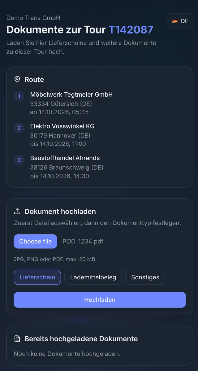 CargoWiz Upload-Portal auf dem Smartphone – Route der Tour und Dokument-Upload ohne Login